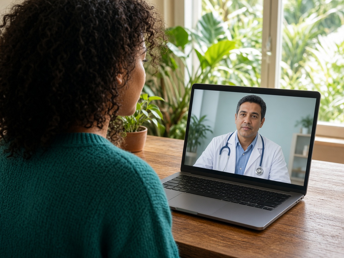 Patiente en téléconsultation vidéo avec un médecin, depuis chez elle