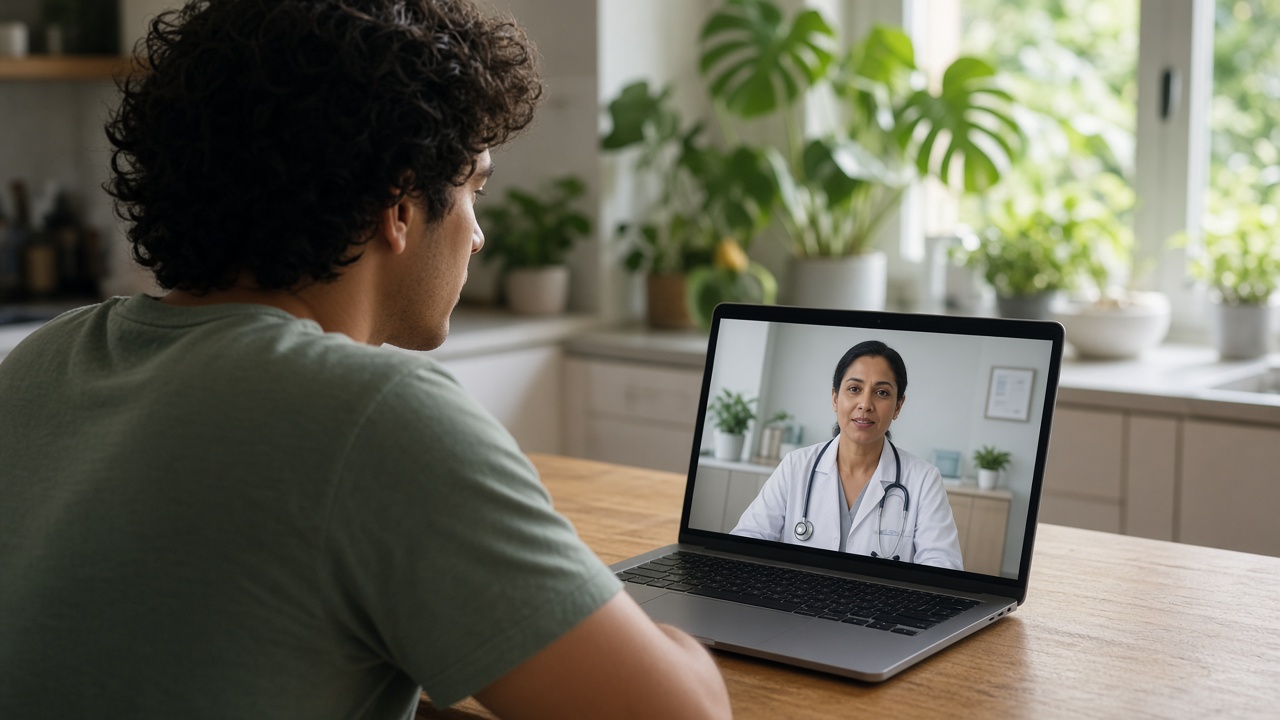 Patient en téléconsultation depuis chez lui, ordinateur ouvert face à un médecin